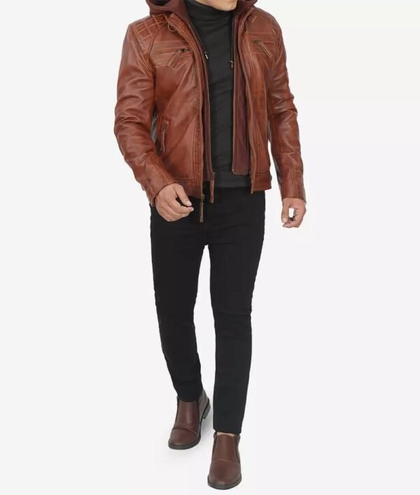 Johnson Mens Tan Waxed Leather Jacket With Removable Hood