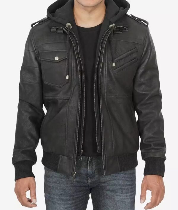 Edinburgh Mens Black Snuff Leather Jacket with Removable Hood