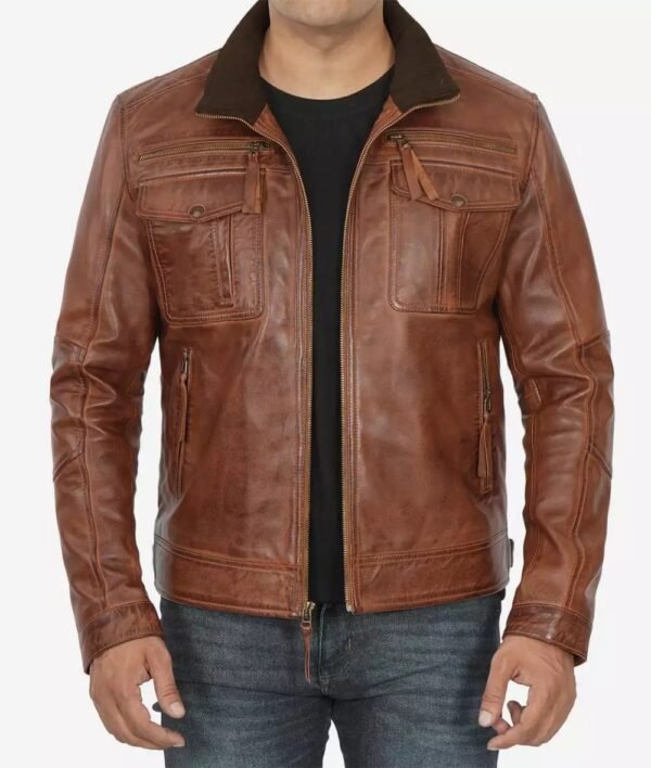 Moffit Tan Six Pocket Tan Leather Jacket Men