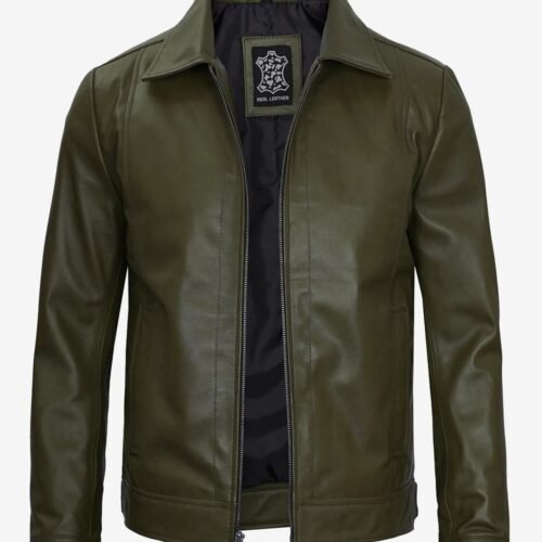 Mens Shirt Collar Military Green Leather Jacket