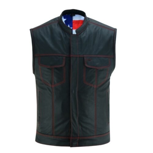 Mens Leather Vest with Red Stitching and Usa Inside Flag Lining with Scoo