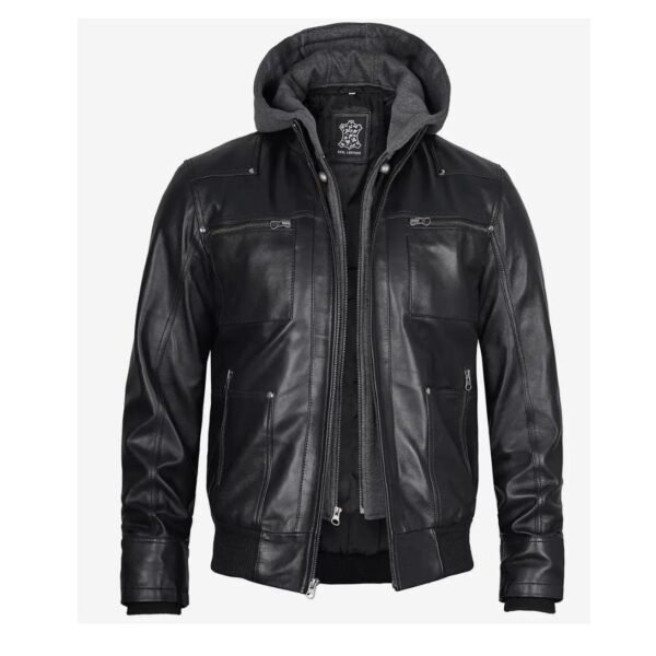 Mens Black Leather Bomber Jacket with Removable Hood