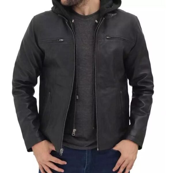 Men's Cafe Racer Black Leather Jacket with Removable Hood