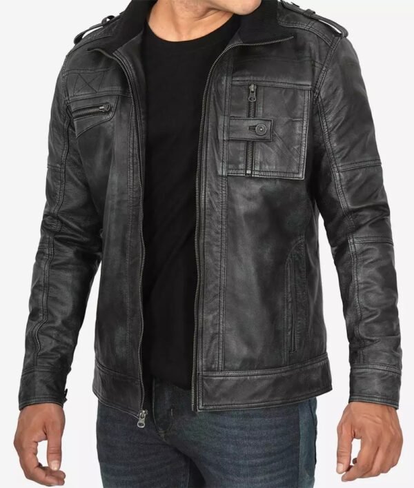 Mens Biker Style Distressed Black Leather Jacket