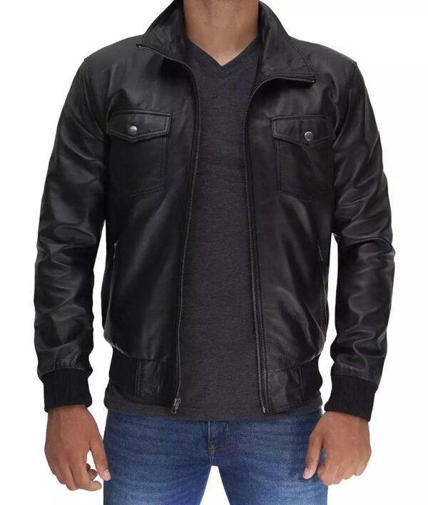 Mens Black Leather Bomber Jacket with Removable Hood