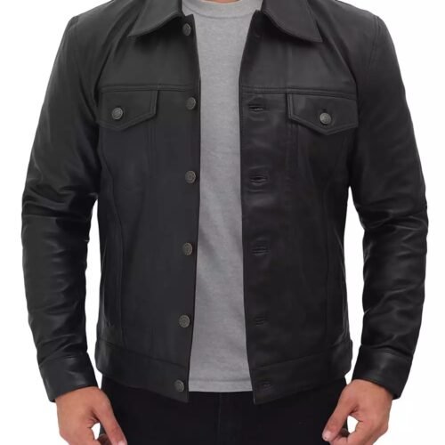 Mens Four Pockets Black Leather Trucker Jacket