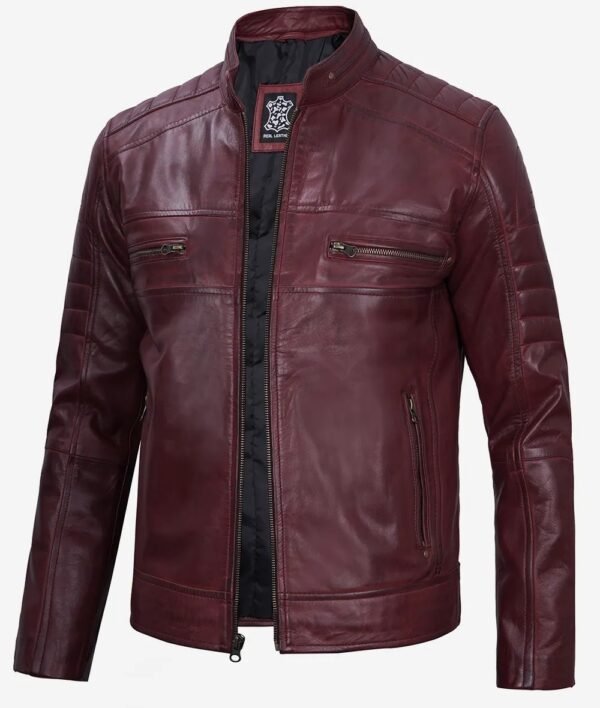 Mens Maroon Cafe Racer Leather Jacket