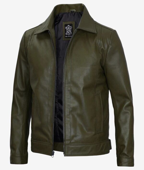 Mens Shirt Collar Military Green Leather Jacket