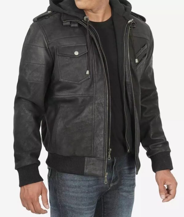 Edinburgh Mens Black Snuff Leather Jacket with Removable Hood