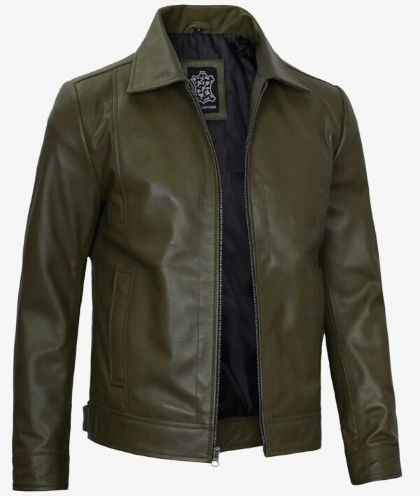 Mens Shirt Collar Military Green Leather Jacket