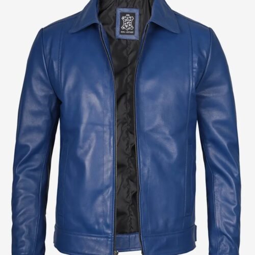 Mens Shirt Collar Blue Leather Jacket