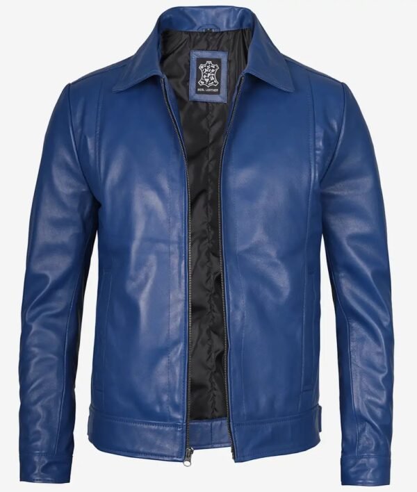 Mens Shirt Collar Blue Leather Jacket