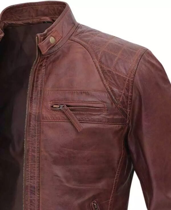 Mens Cognac Brown Quilted Biker Leather Jacket