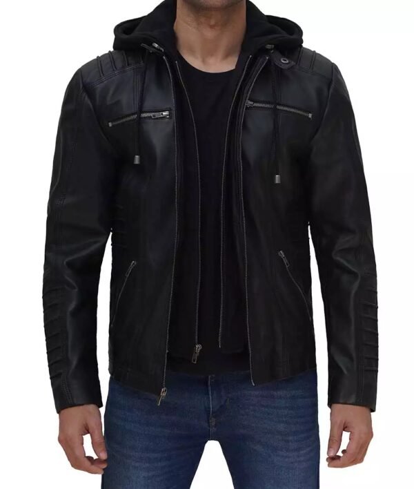 Mens Black Lambskin Leather Biker Jacket with Hood