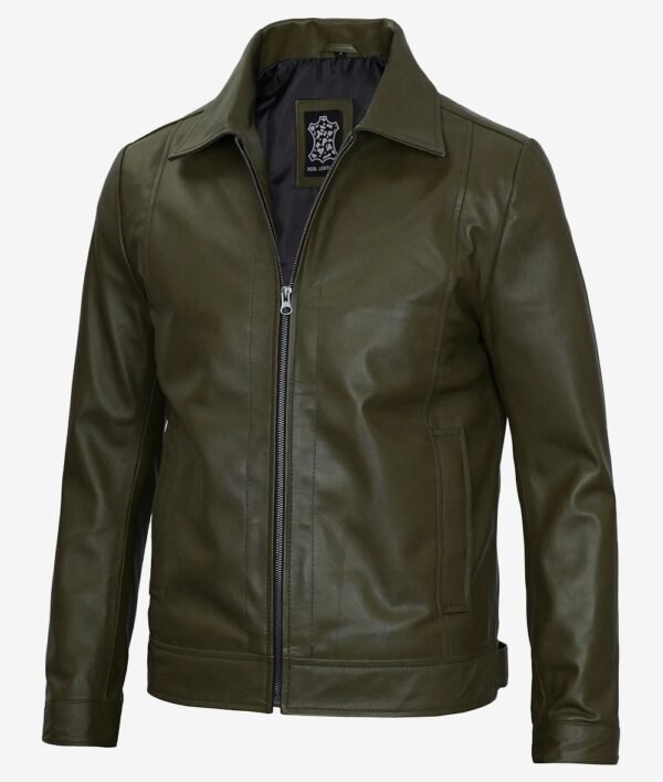 Mens Shirt Collar Military Green Leather Jacket