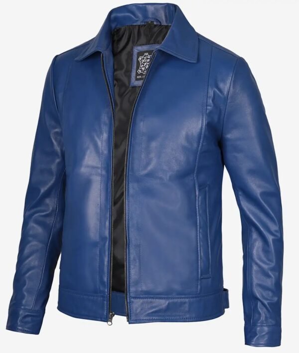 Mens Shirt Collar Blue Leather Jacket