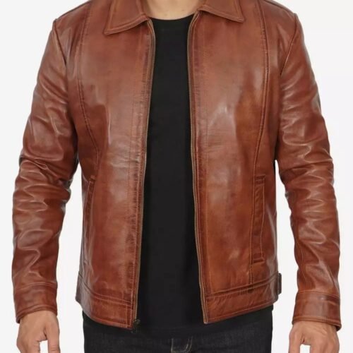 Reeves Mens Brown Shirt Collar Brown Leather Jacket