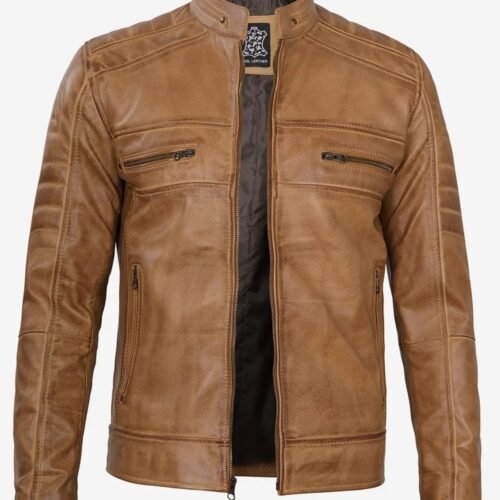 Mens Cafe Racer Camel Brown Leather Jacket