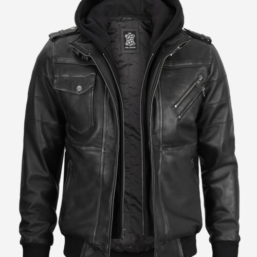 Edinburgh Mens Grey Leather Bomber Jacket With Removable Hood