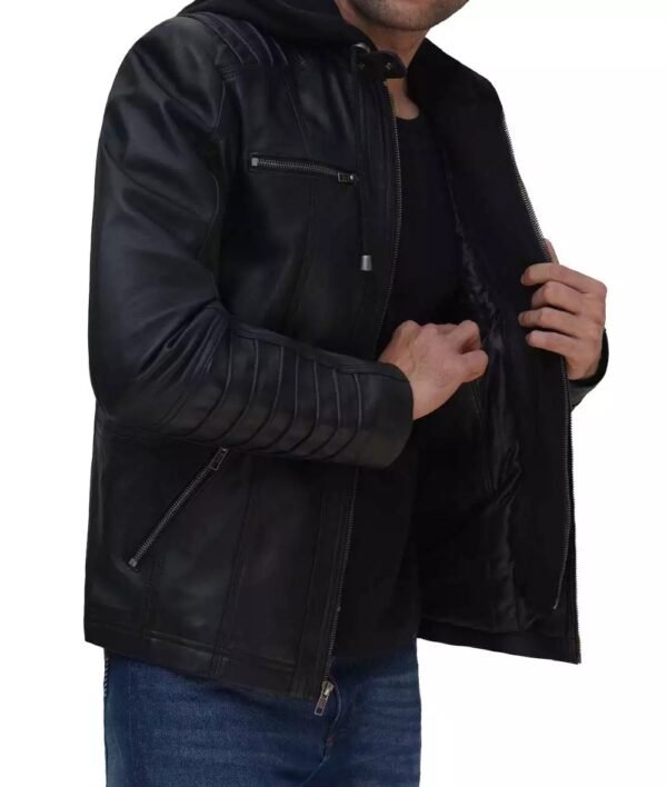 Mens Black Lambskin Leather Biker Jacket with Hood