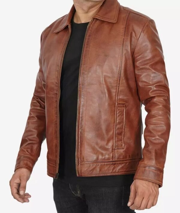 Reeves Mens Brown Shirt Collar Brown Leather Jacket