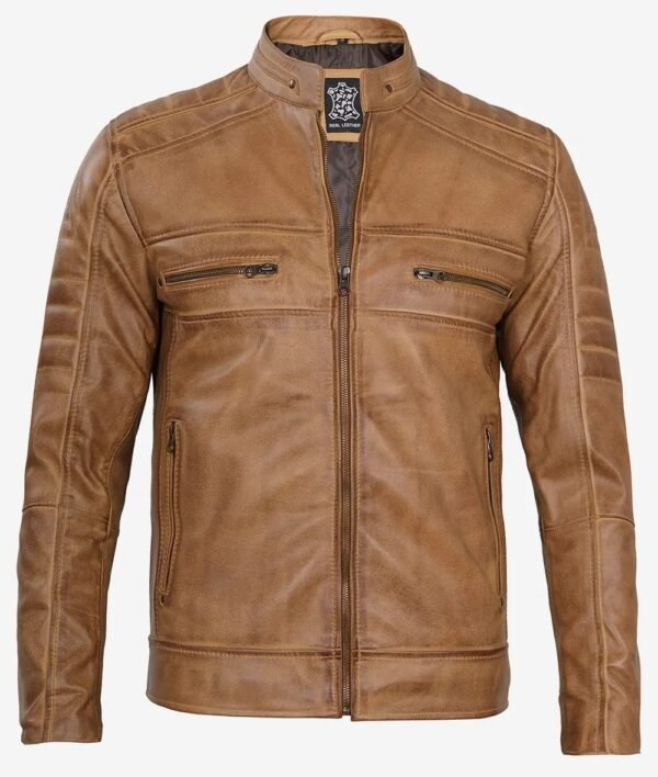 Mens Cafe Racer Camel Brown Leather Jacket