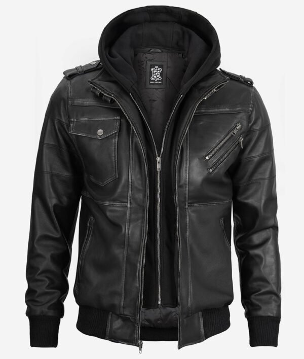 Edinburgh Mens Grey Leather Bomber Jacket With Removable Hood