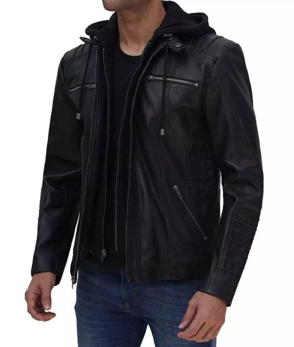 Mens Black Lambskin Leather Biker Jacket with Hood