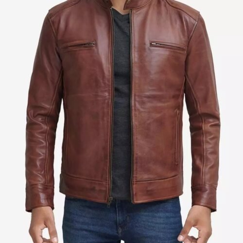 Mens Tall Cognac Leather Cafe Racer Jacket