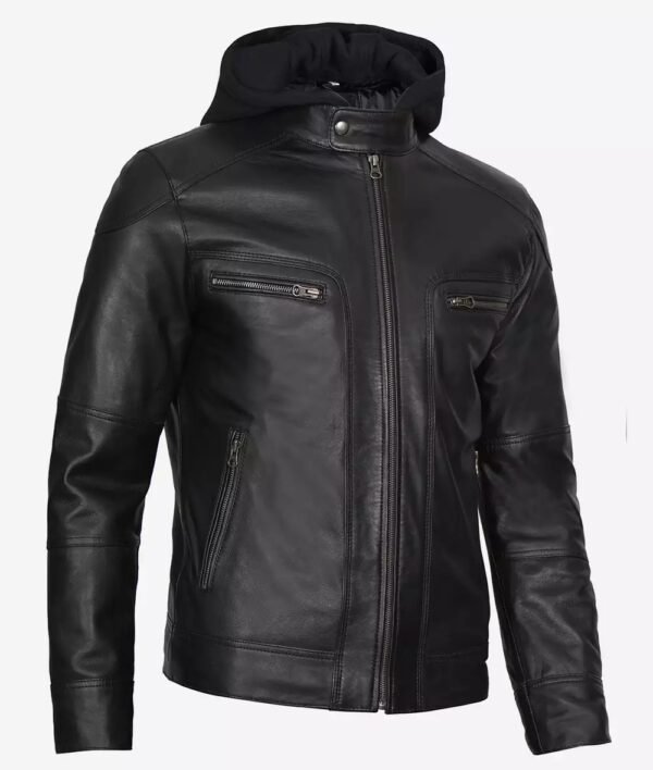 Todd Mens Cafe Racer Black Leather Jacket with Hood