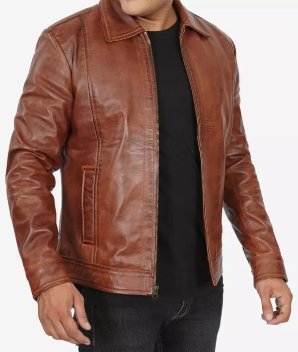 Reeves Mens Brown Shirt Collar Brown Leather Jacket