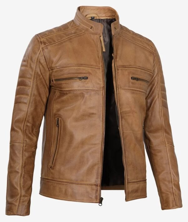 Mens Cafe Racer Camel Brown Leather Jacket