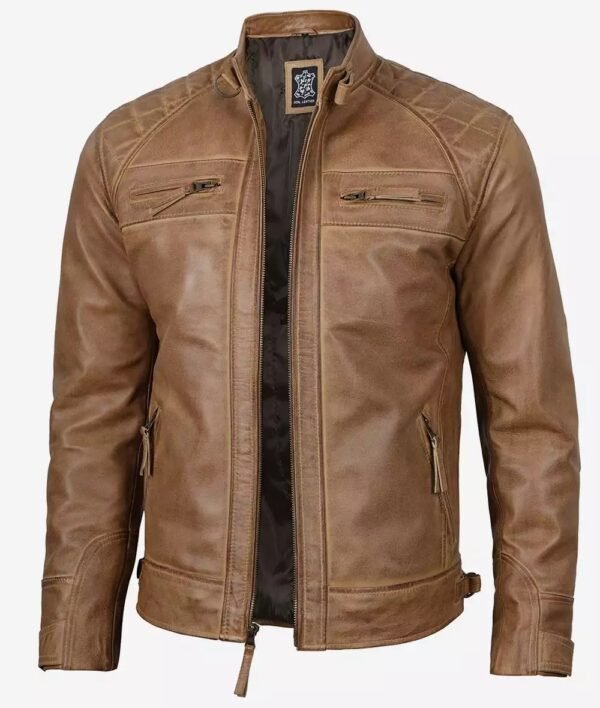 Mens Tall Camel Brown Quilted Leather Biker Jacket