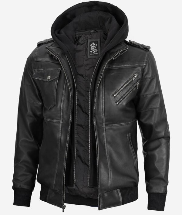 Edinburgh Mens Grey Leather Bomber Jacket With Removable Hood