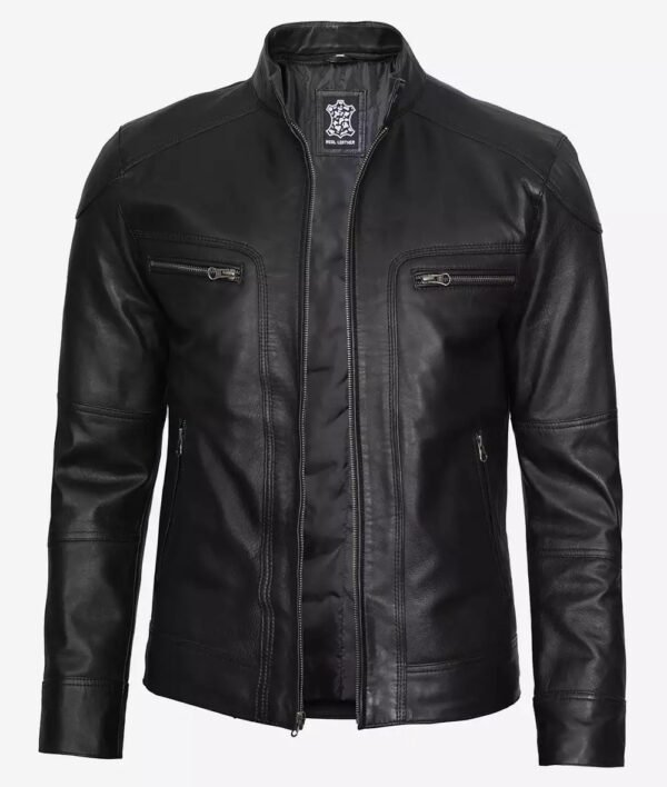 vTodd Mens Cafe Racer Black Leather Jacket with Hood