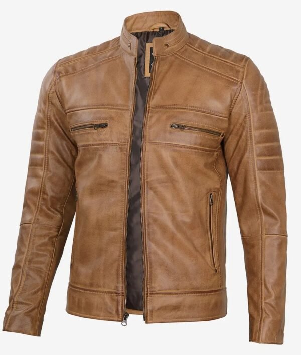 Mens Cafe Racer Camel Brown Leather Jacket