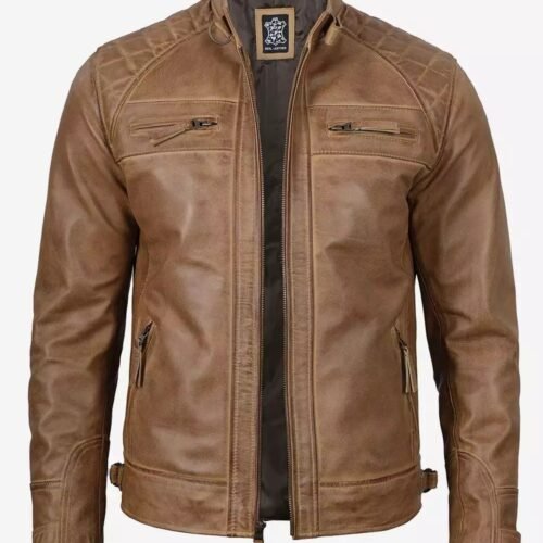 Mens Tall Camel Brown Quilted Leather Biker Jacket