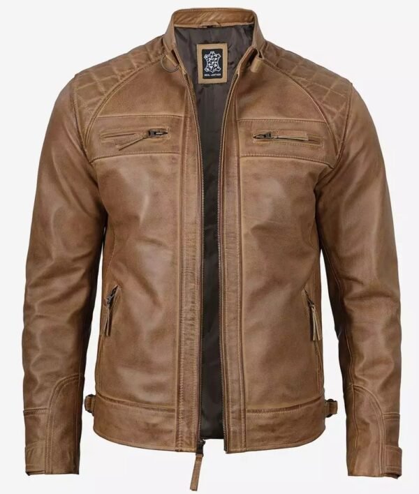 Mens Tall Camel Brown Quilted Leather Biker Jacket