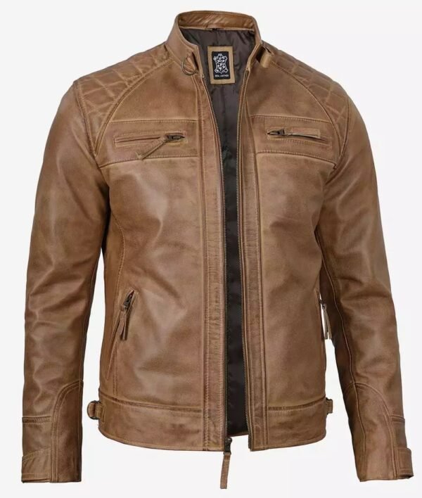 Mens Tall Camel Brown Quilted Leather Biker Jacket