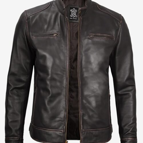 Mens Real Leather Vintage Brown Cafe Racer Jacket