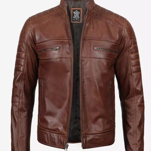 Mens Cafe Racer Cognac Leather Biker Jacket