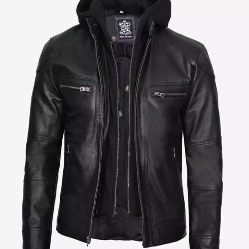 Todd Mens Cafe Racer Black Leather Jacket with Hood