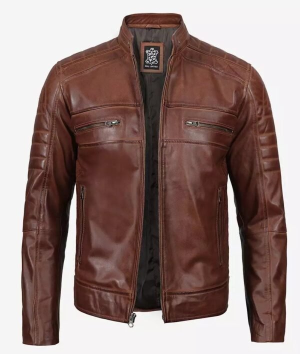 Mens Cafe Racer Cognac Leather Biker Jacket