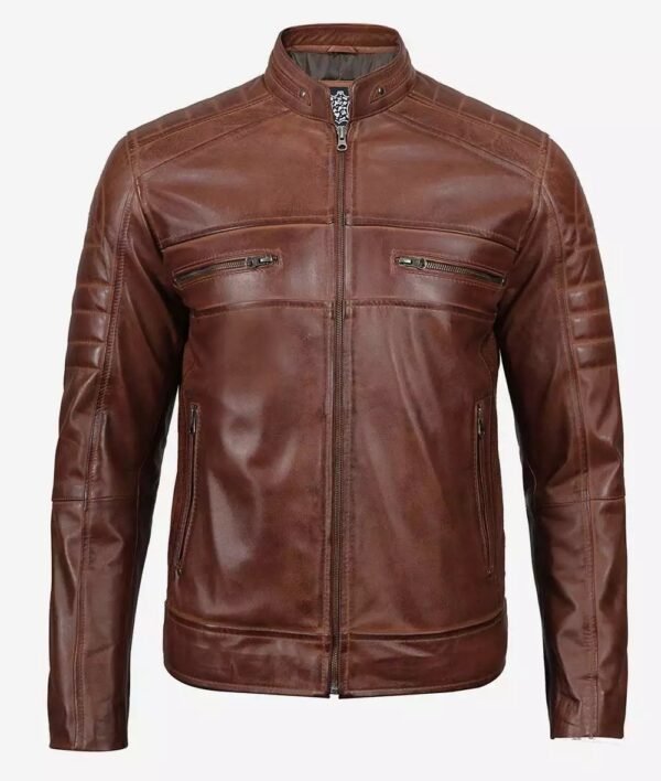 Mens Cafe Racer Cognac Leather Biker Jacket