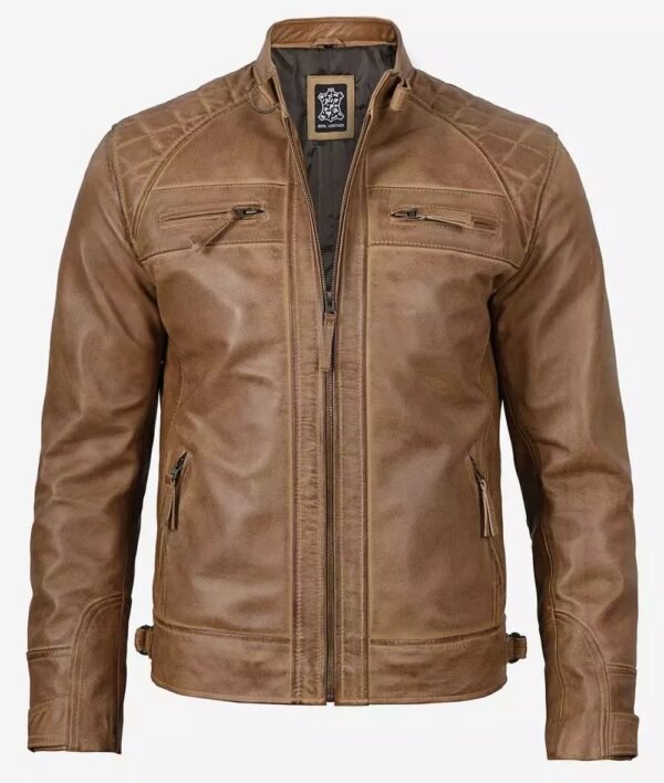 Mens Tall Camel Brown Quilted Leather Biker Jacket