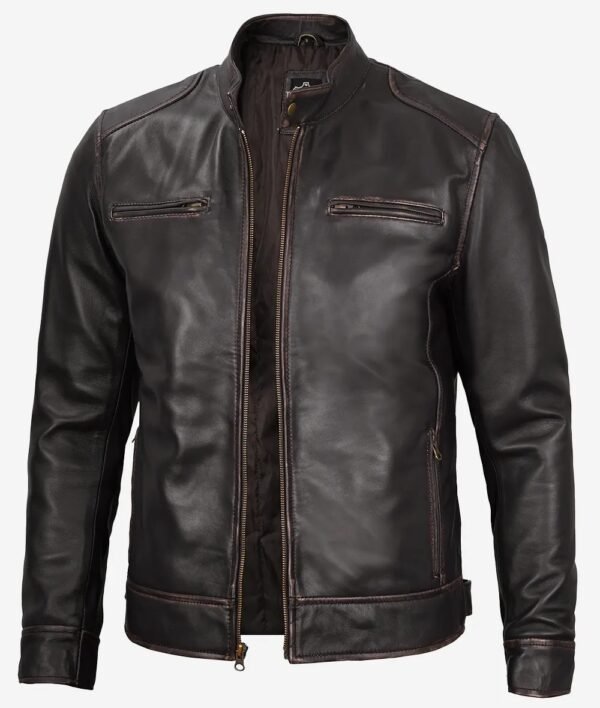 Mens Real Leather Vintage Brown Cafe Racer Jacket