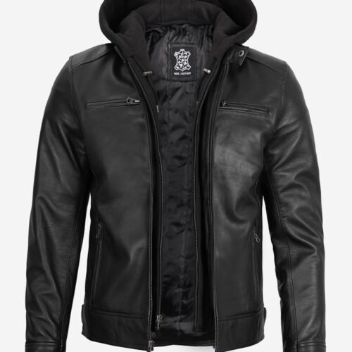 Dodge Mens Black Cafe Racer Leather Jacket with Removable Hood