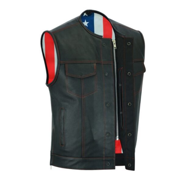 Mens Leather Vest with Red Stitching and Usa Inside Flag Lining