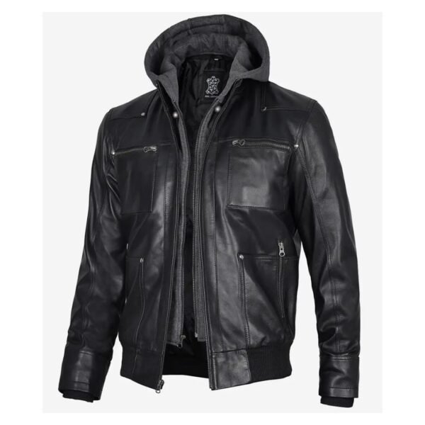 Mens Black Leather Bomber Jacket with Removable Hood