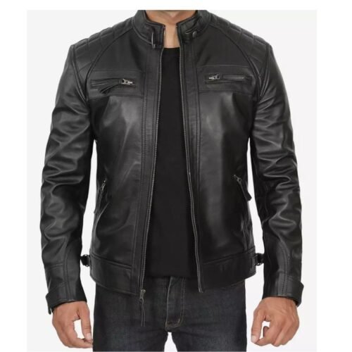 Mens Tall Quilted Shoulder Black Cafe Racer Leather Jacket